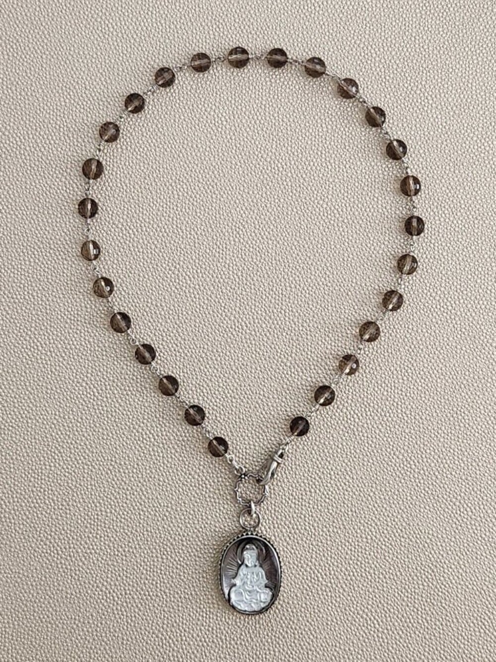 SMOKY QUARTZ NECKLACE WITH KWAN YIN PENDANT-18"